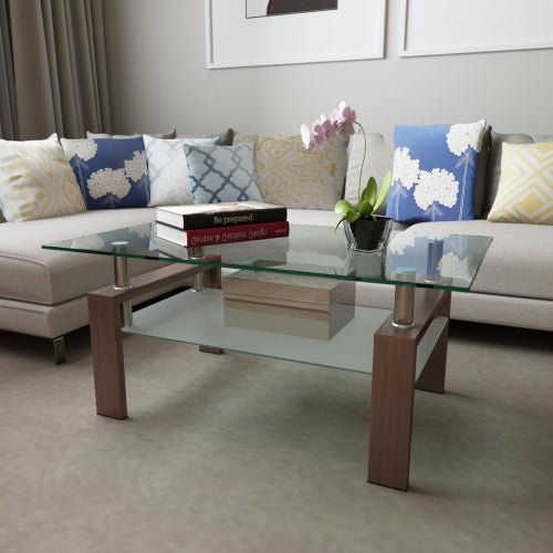 Rectangle Walnut Glass Coffee Table, Clear Coffee Table, Modern Side Center Tables For Living Room - My Store