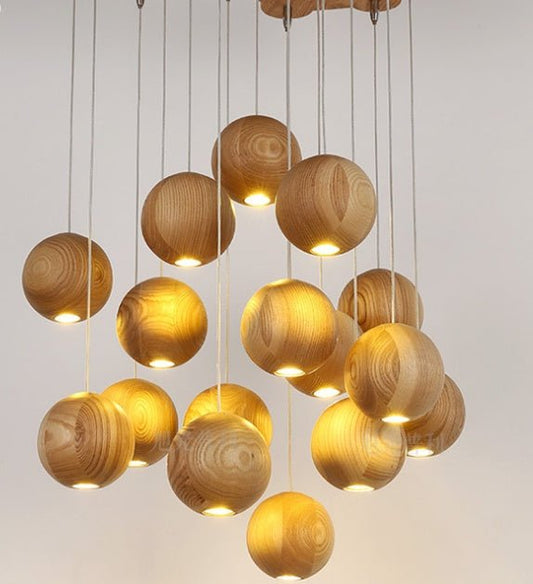 Nordic wood solid wood ball chandelier creative personality living room dining room hanging lamps - My Store