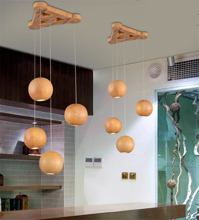 Nordic wood solid wood ball chandelier creative personality living room dining room hanging lamps - My Store