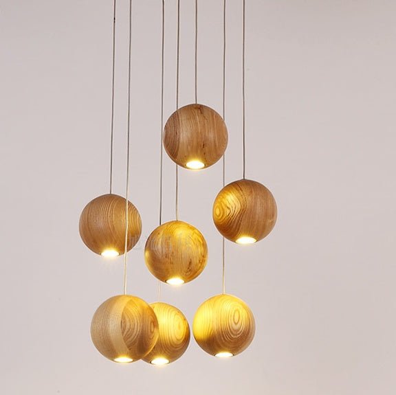 Nordic wood solid wood ball chandelier creative personality living room dining room hanging lamps - My Store