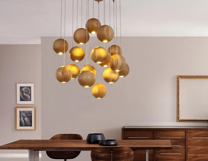 Nordic wood solid wood ball chandelier creative personality living room dining room hanging lamps - My Store