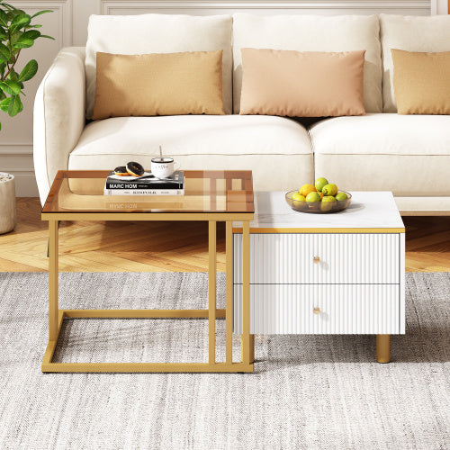 Coffee Table Set Of 2, Nesting Coffee Table With Marble Pattern, Modern Gold Nesting Side Table, Coffee Table With Drawer, Metal Frame Square End Table, Center Tables For Living Room,Bedroom And Small