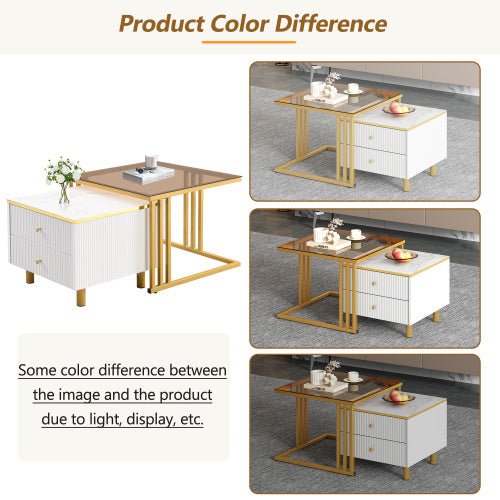 Coffee Table Set Of 2, Nesting Coffee Table With Marble Pattern, Modern Gold Nesting Side Table, Coffee Table With Drawer, Metal Frame Square End Table, Center Tables For Living Room,Bedroom And Small - My Store