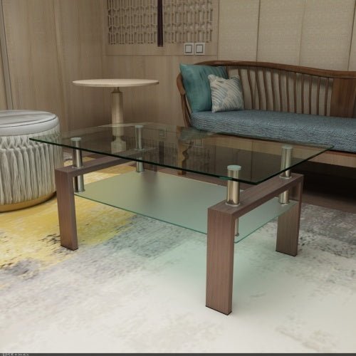 Rectangle Walnut Glass Coffee Table, Clear Coffee Table, Modern Side Center Tables For Living Room - My Store