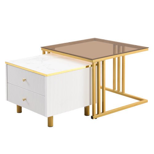 Coffee Table Set Of 2, Nesting Coffee Table With Marble Pattern, Modern Gold Nesting Side Table, Coffee Table With Drawer, Metal Frame Square End Table, Center Tables For Living Room,Bedroom And Small - My Store