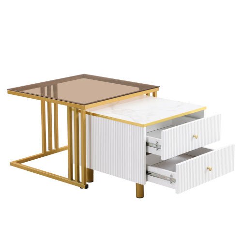 Coffee Table Set Of 2, Nesting Coffee Table With Marble Pattern, Modern Gold Nesting Side Table, Coffee Table With Drawer, Metal Frame Square End Table, Center Tables For Living Room,Bedroom And Small - My Store