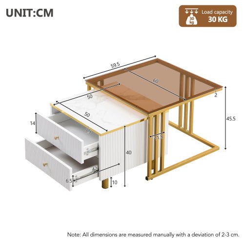 Coffee Table Set Of 2, Nesting Coffee Table With Marble Pattern, Modern Gold Nesting Side Table, Coffee Table With Drawer, Metal Frame Square End Table, Center Tables For Living Room,Bedroom And Small - My Store