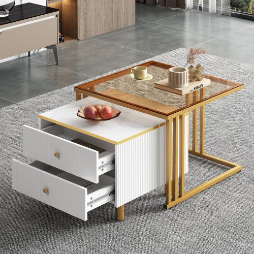 Coffee Table Set Of 2, Nesting Coffee Table With Marble Pattern, Modern Gold Nesting Side Table, Coffee Table With Drawer, Metal Frame Square End Table, Center Tables For Living Room,Bedroom And Small - My Store