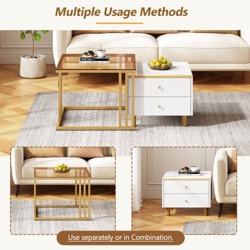 Coffee Table Set Of 2, Nesting Coffee Table With Marble Pattern, Modern Gold Nesting Side Table, Coffee Table With Drawer, Metal Frame Square End Table, Center Tables For Living Room,Bedroom And Small - My Store